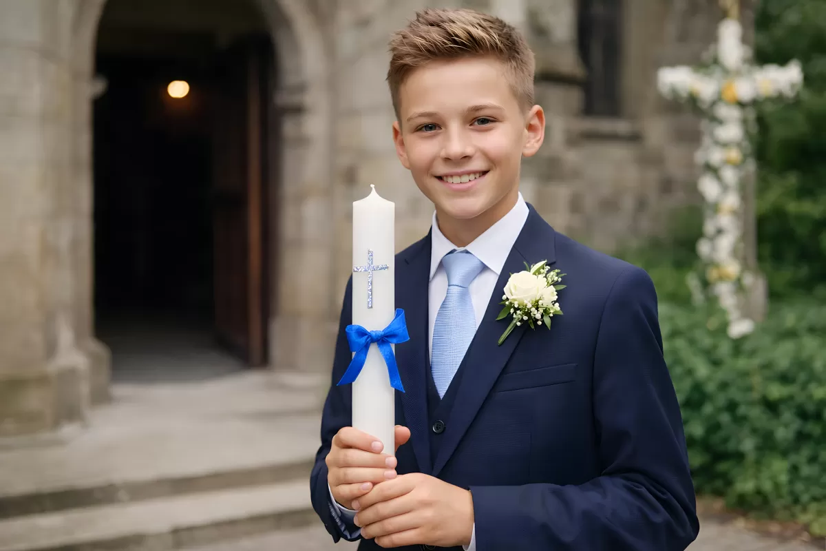 Junge in Anzug bei Erstkommunion vor Kirche