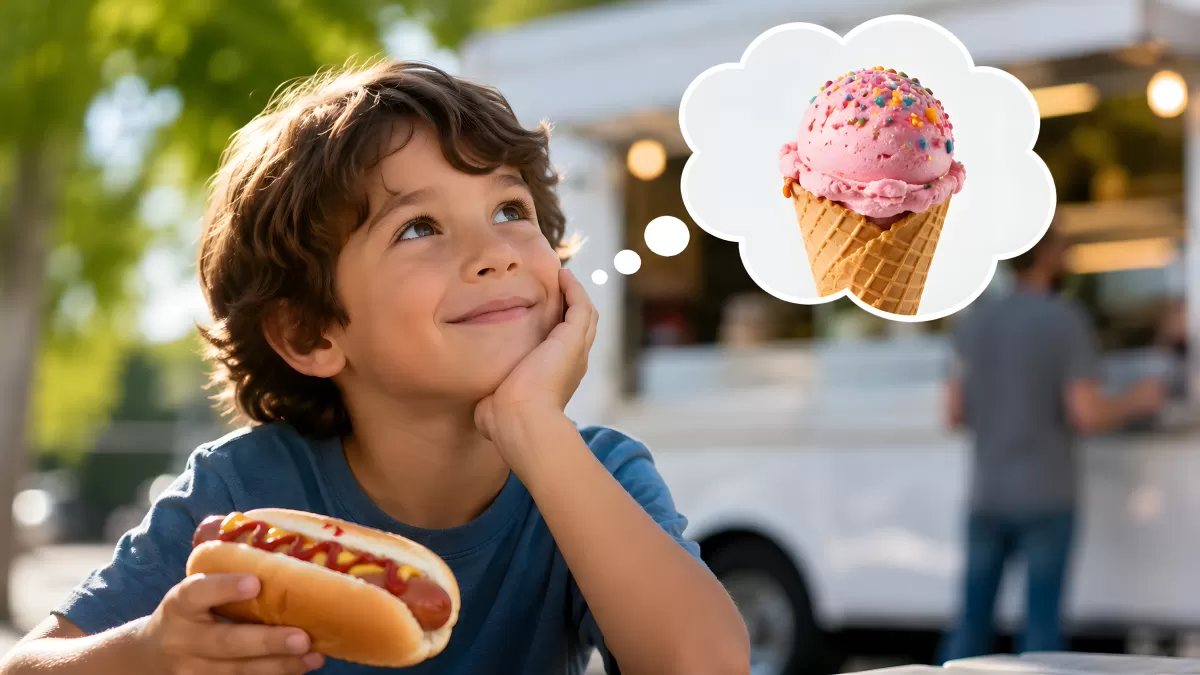 Junge isst Hot Dog und träumt von Eis am Stiel