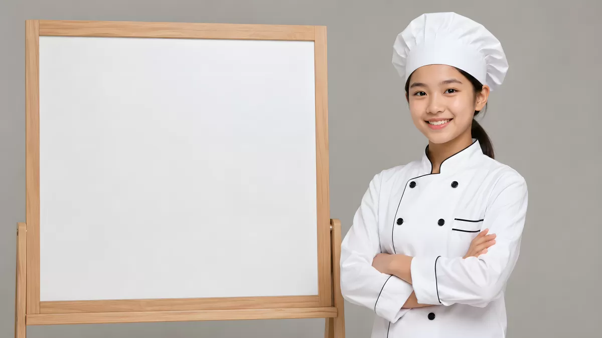 Junge Köchin in weißer Uniform neben leerer Tafel