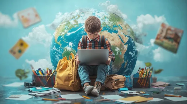 Junge lernt online mit Laptop und Schulmaterial