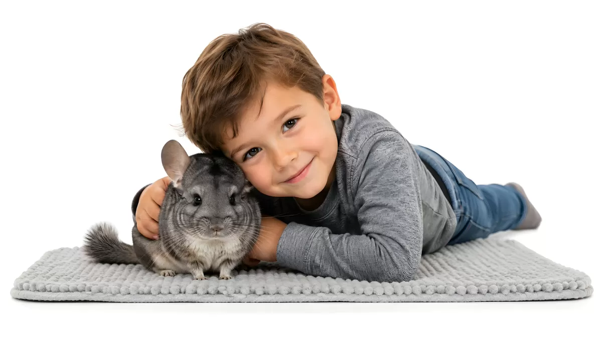 Junge liegt lächelnd neben seiner Chinchilla