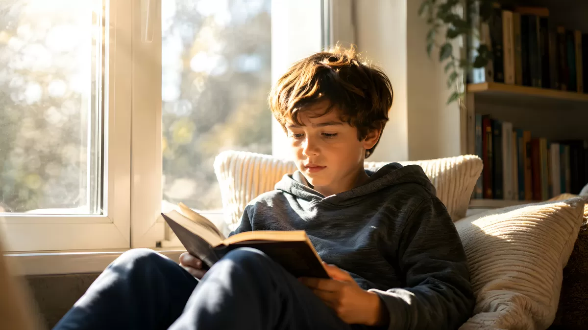 Junge liest entspannt ein Buch am Fenster