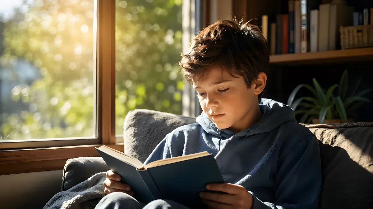 Junge liest konzentriert ein Buch am Fenster