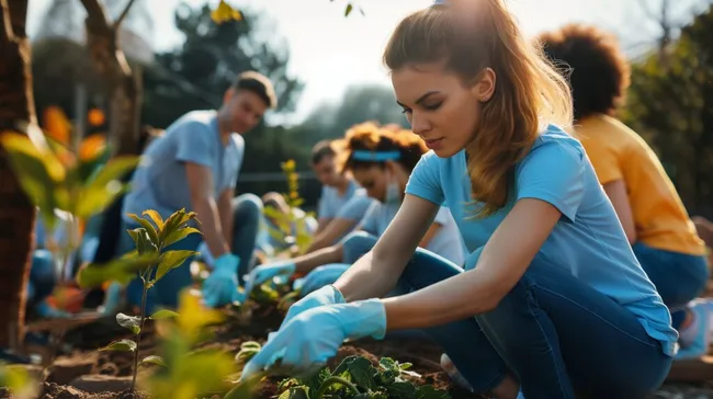 Junge Menschen arbeiten gemeinsam im Gemeinschaftsgarten
