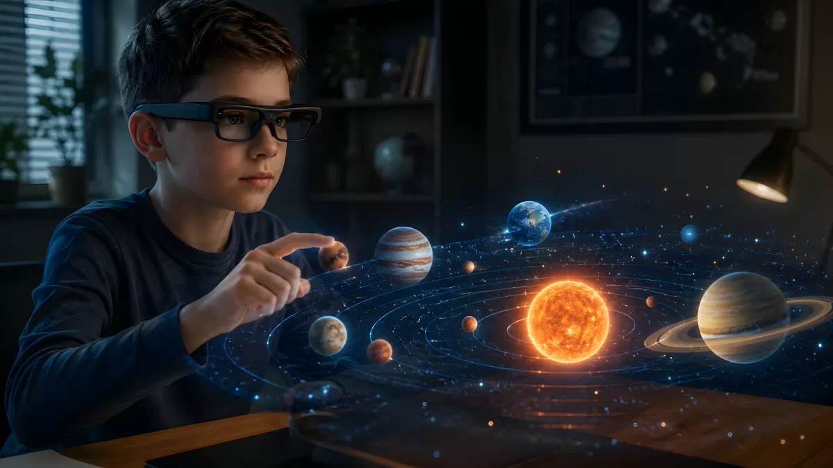 Junge mit AR-Brille erkundet Hologramm-Sonnensystem