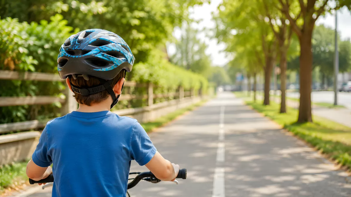 Junge mit Fahrradhelm auf einem Radweg im Sommer