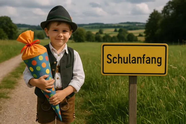 Junge mit Schultüte und Ortsschild 'Schulanfang'