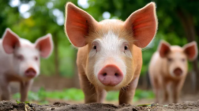 Junge, neugierige Schweine auf Bauernhof mit Grünfläche