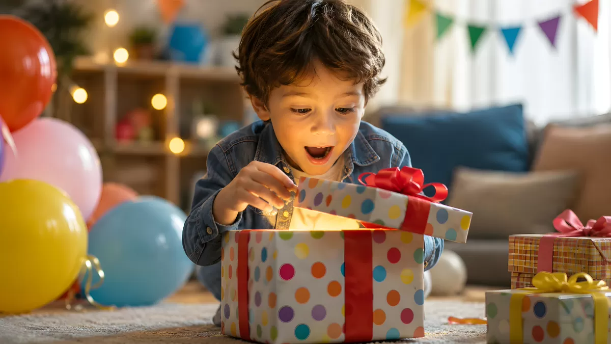 Junge öffnet strahlendes Geburtstagsgeschenk voller Freude