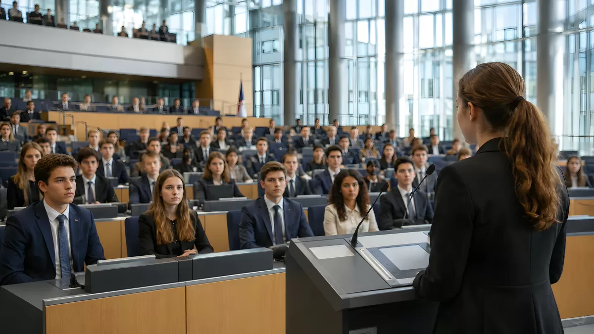 Junge Rednerin spricht vor Plenum im Parlamentssaal