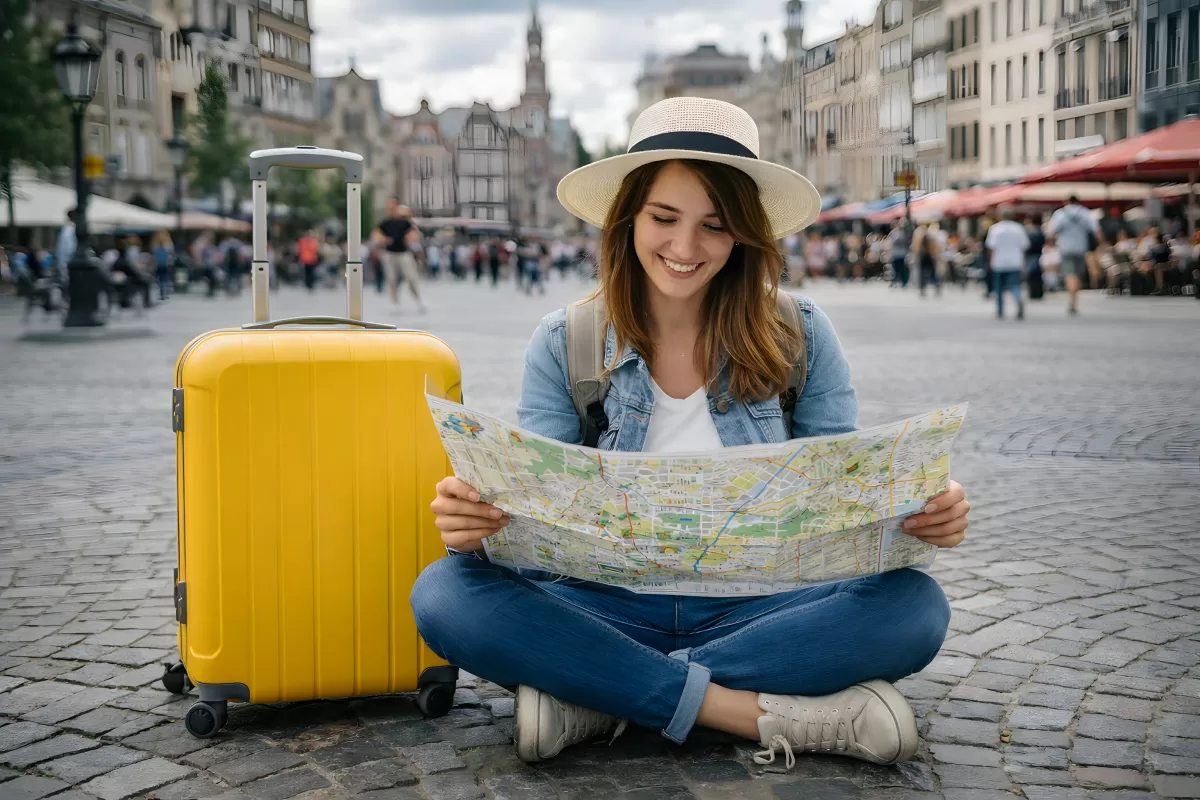 Junge Reisende liest Stadtplan auf Kopfsteinpflaster