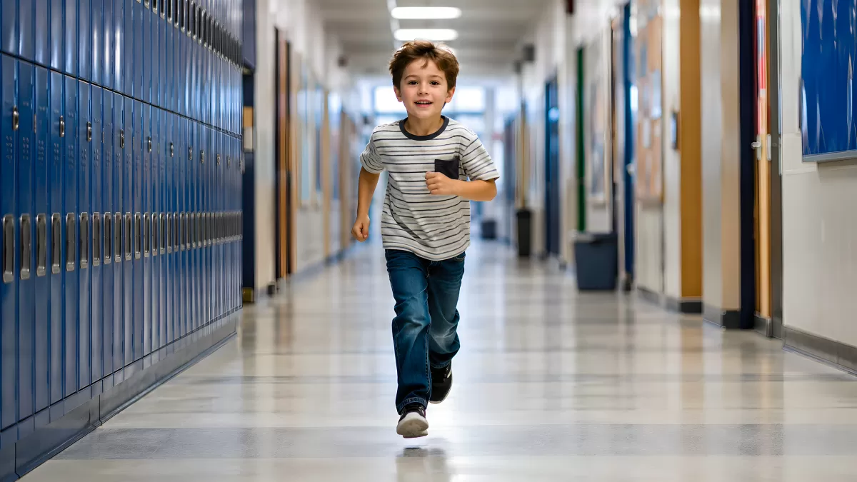 Junge rennt fröhlich durch Schulflur mit Spinden