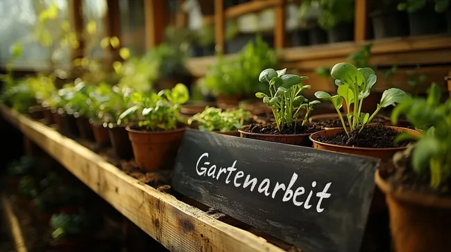 Junge Salatvarianten in rustikalen Töpfen auf Holzregal