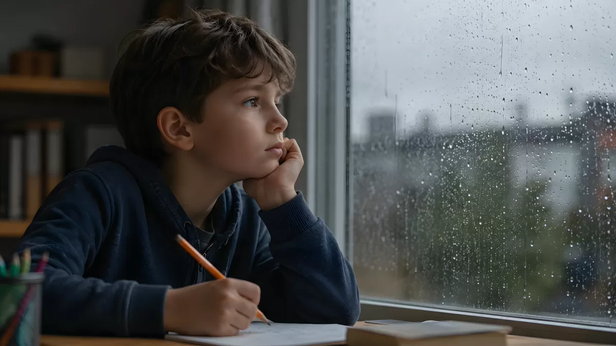 Junge schaut nachdenklich aus dem Fenster im Regen — Bild kostenlos herunterladen