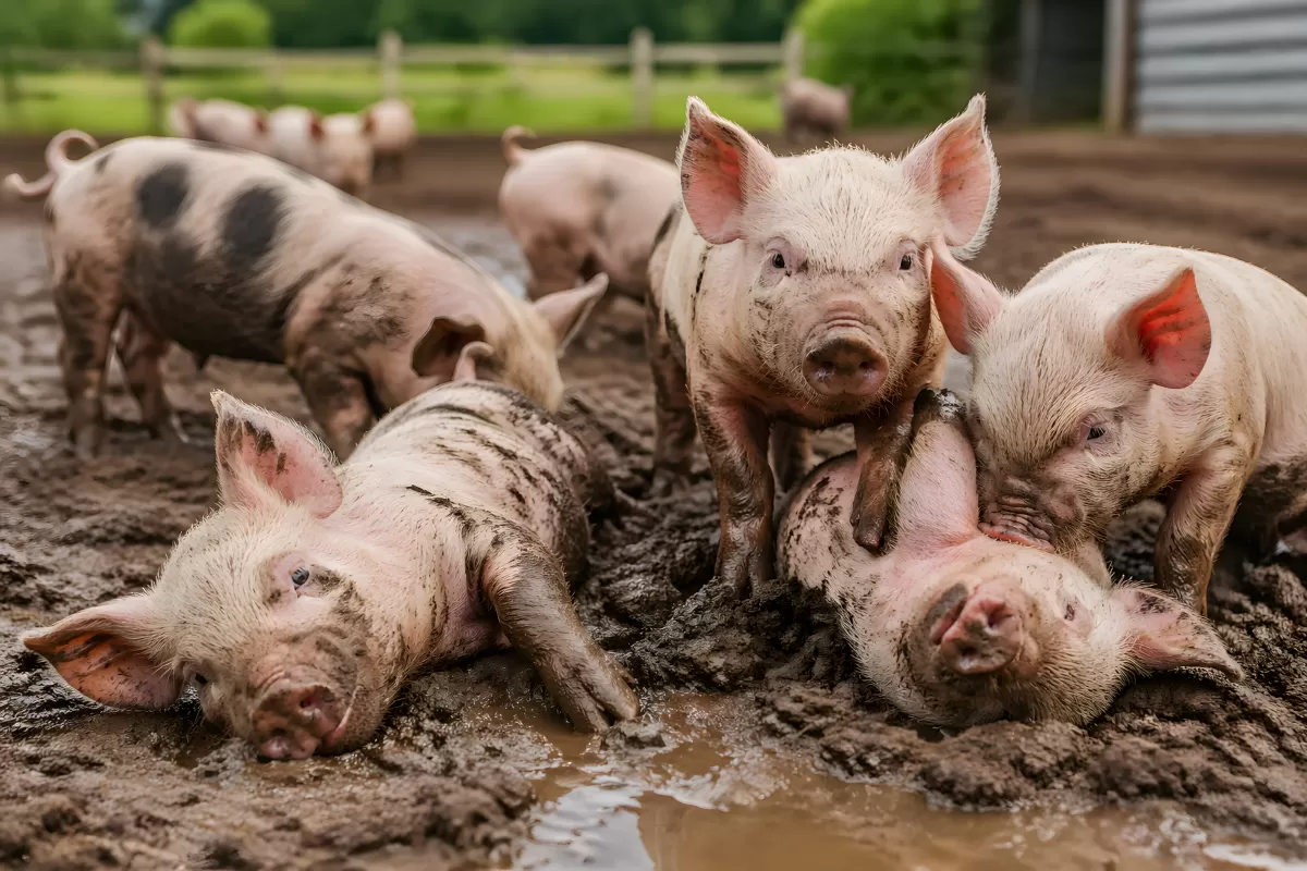 Junge Schweine wälzen sich vergnügt im Matsch