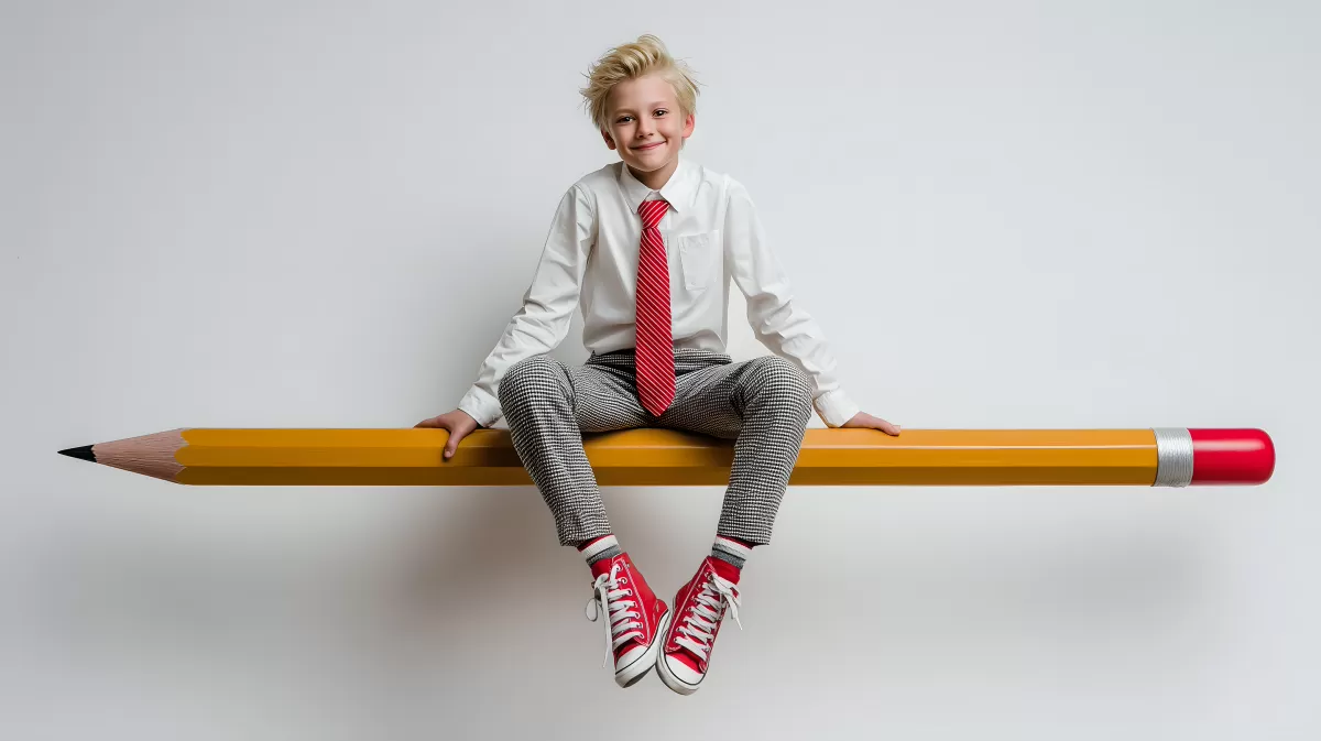 Junge sitzt auf riesigem Bleistift vor grauem Hintergrund
