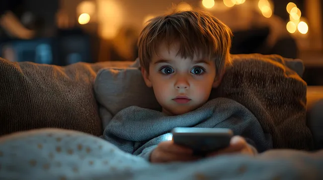 Junge sitzt auf Sofa und nutzt Smartphone