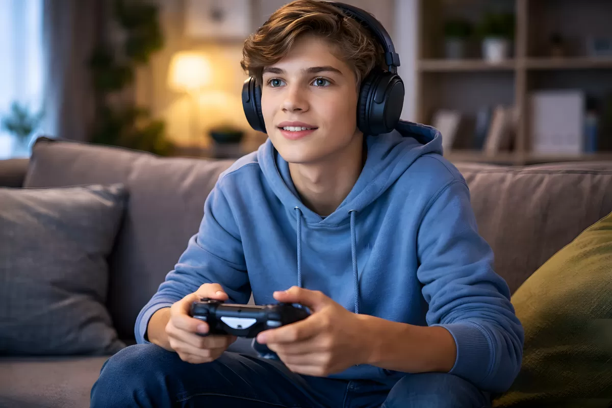 Junge spielt an einer Konsole wie PS5