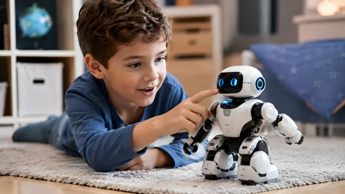 Junge spielt begeistert mit einem weißen Roboter