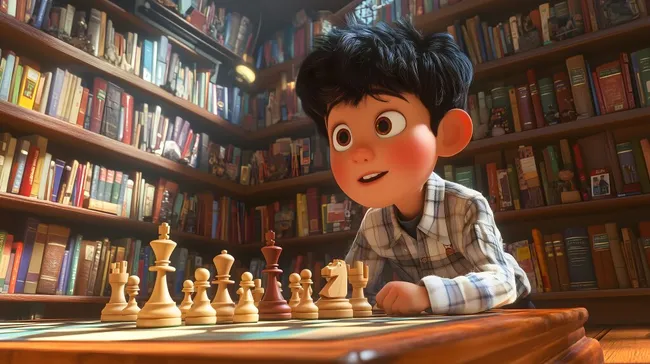 Junge spielt Schach in Bibliothek mit Büchern