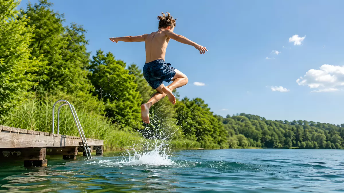 Junge springt vom Steg in einen sonnigen See