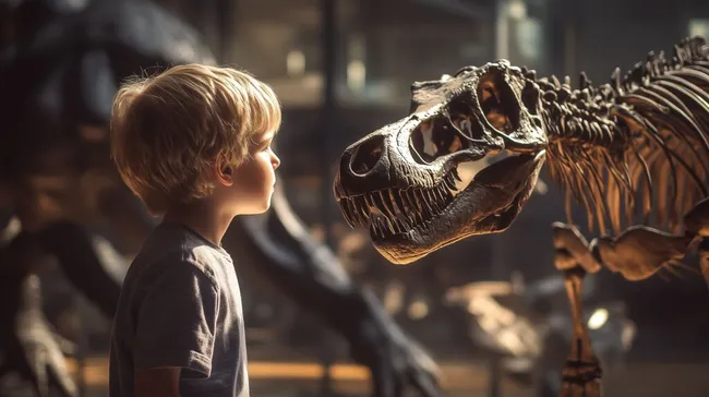 Junge staunt über Dinosaurierskelett im Museum