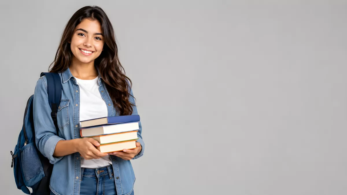 Junge Studentin mit Büchern und Rucksack lächelt