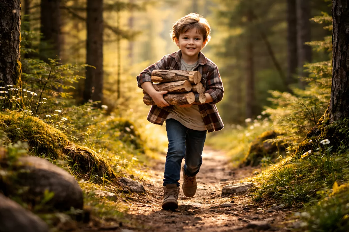 Junge trägt Holzscheite durch sonnigen Waldpfad