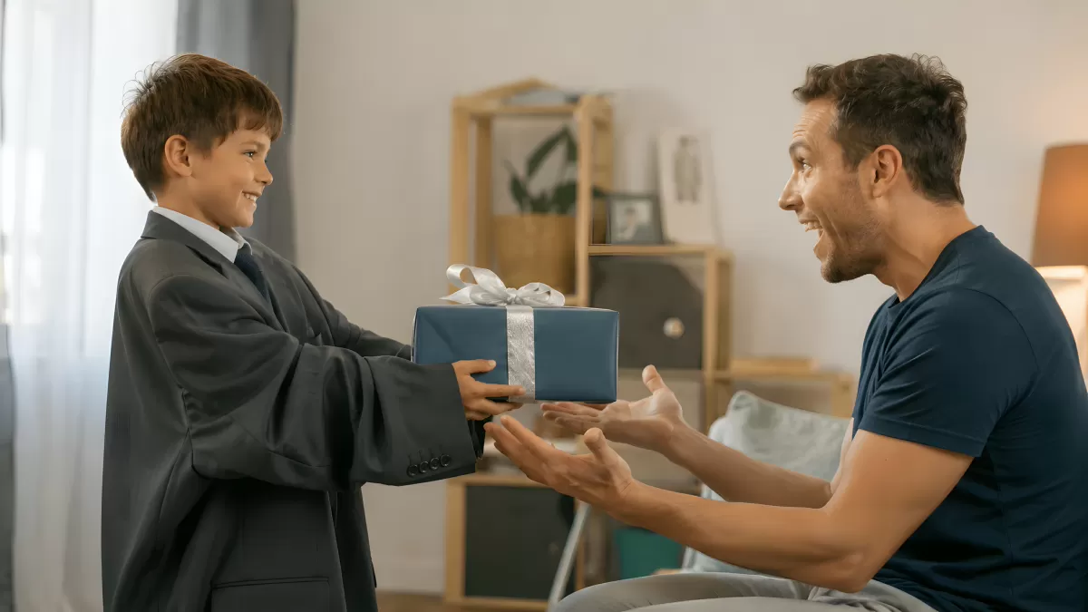 Junge überreicht Vater ein blau verpacktes Geschenk