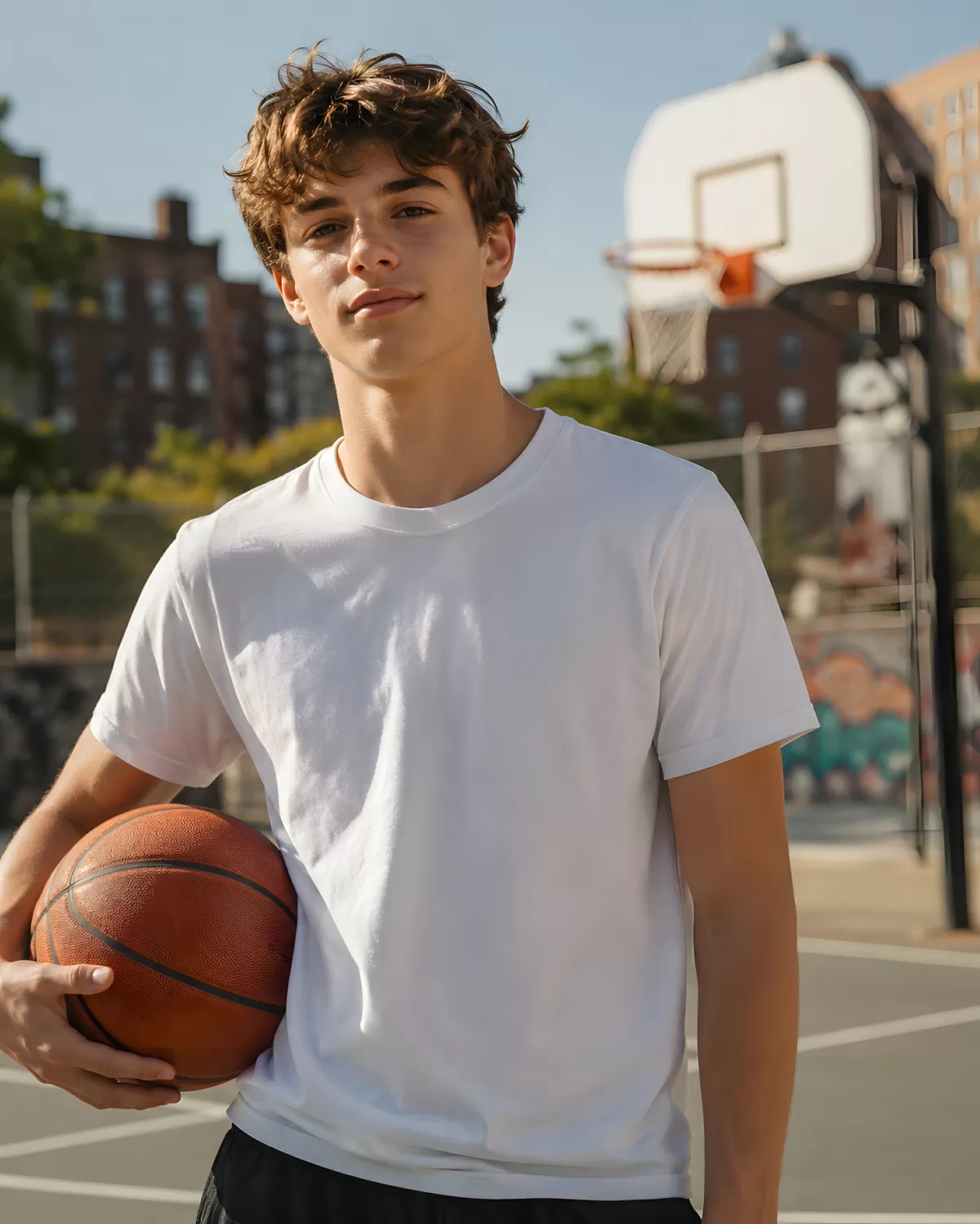 Junger Basketballspieler auf urbanem Außenplatz