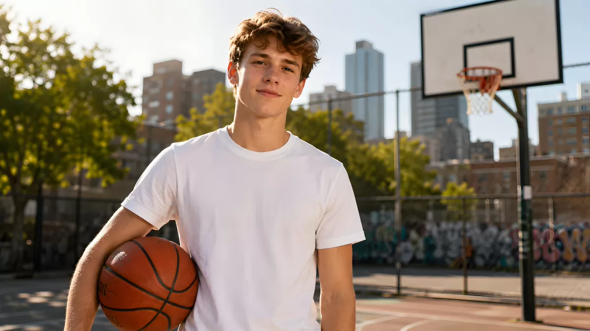 Junger Basketballspieler auf urbanem Freiplatz