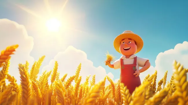 Junger Bauer mit Strohhut in sonnigem Weizenfeld