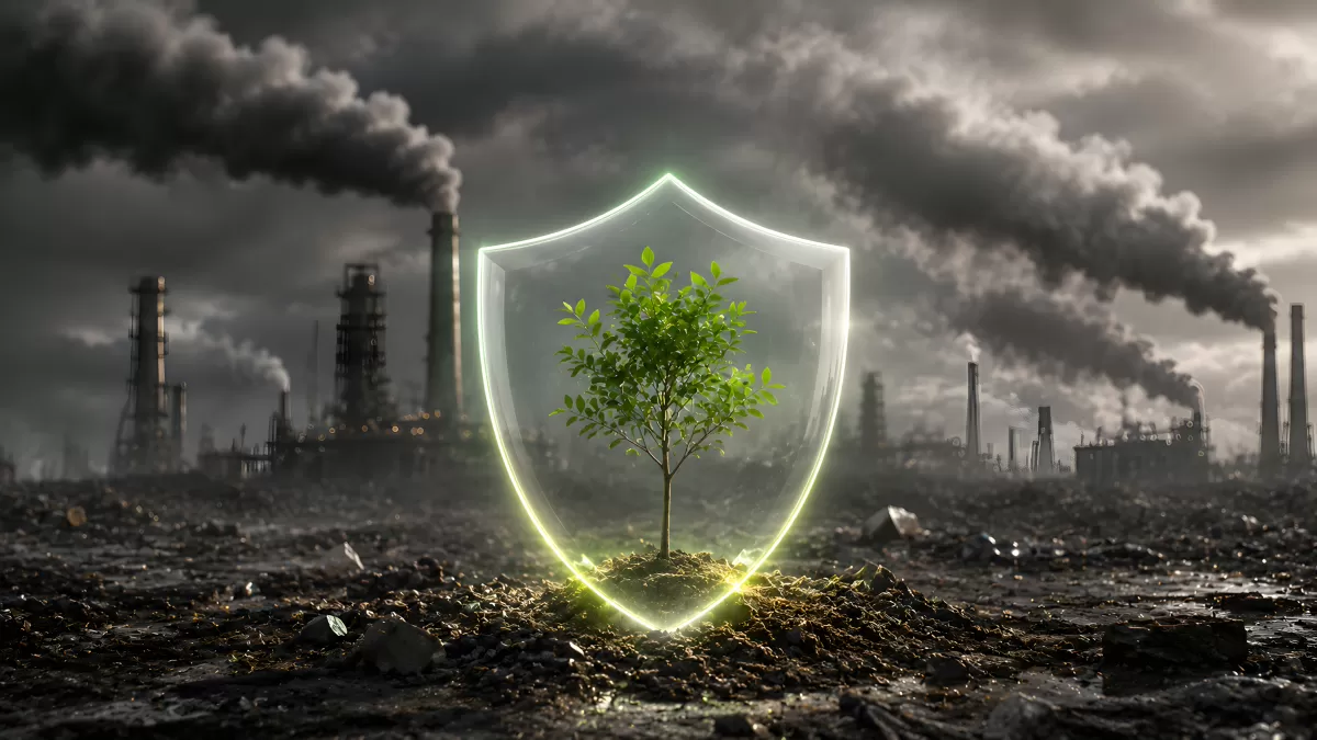 Junger Baum unter Schutzschild vor Industrierauch