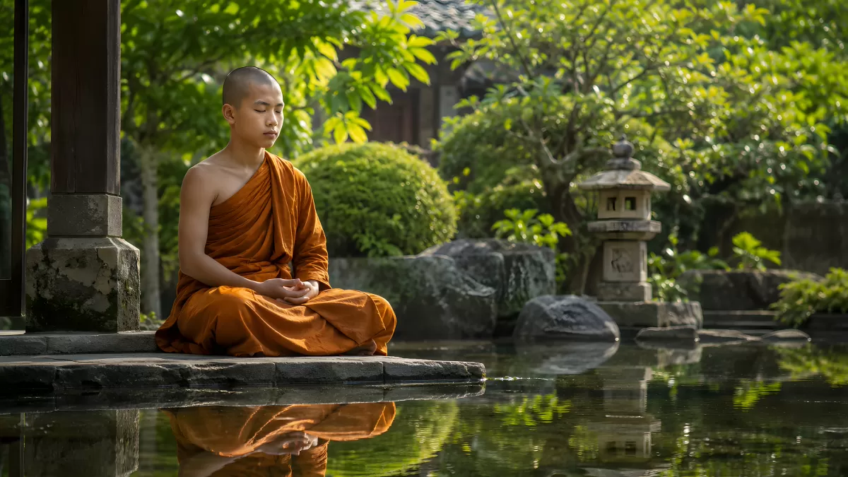 Junger buddhistischer Mönch meditiert am Teich