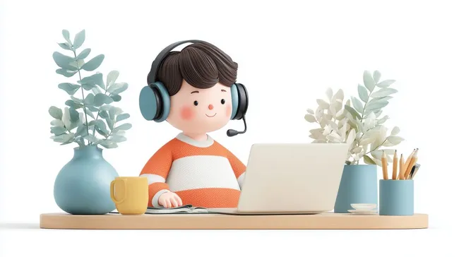 Junger Computerlernender mit Kopfhörern am Schreibtisch