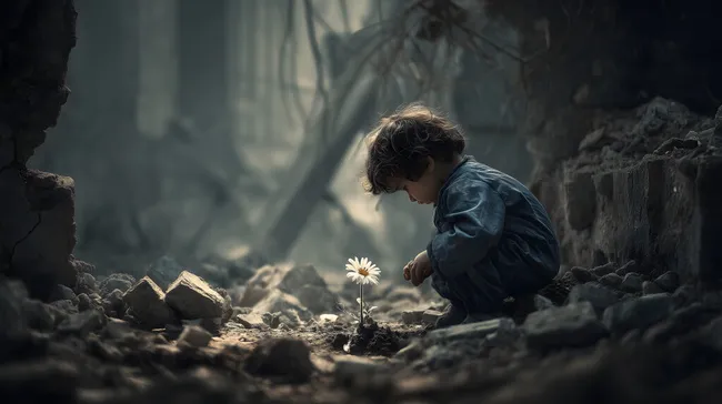 Junger Entdecker entdeckt hoffnungsvolle Blume inmitten der Ruinen