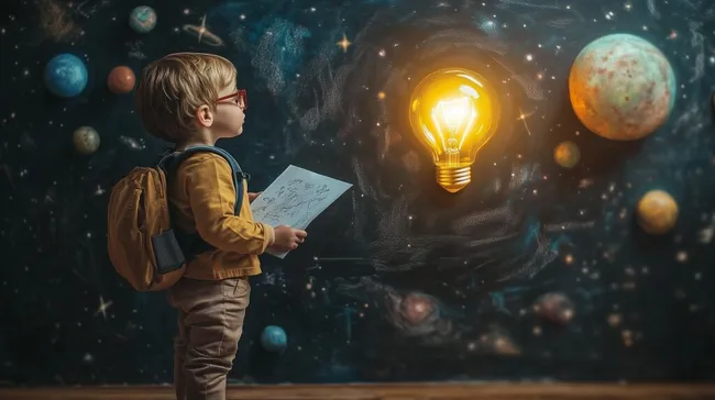 Junger Entdecker erforscht leuchtendes Universum