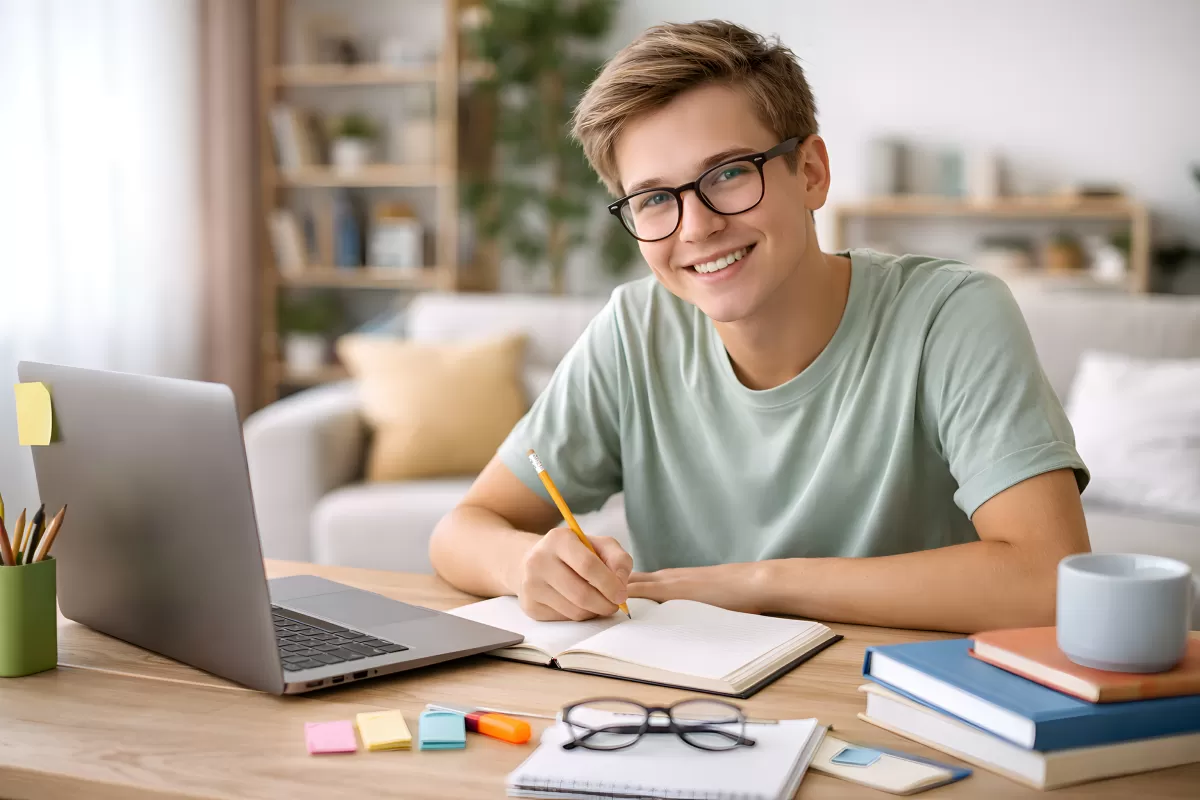 Junger Erwachsener arbeitet konzentriert an seinem Laptop