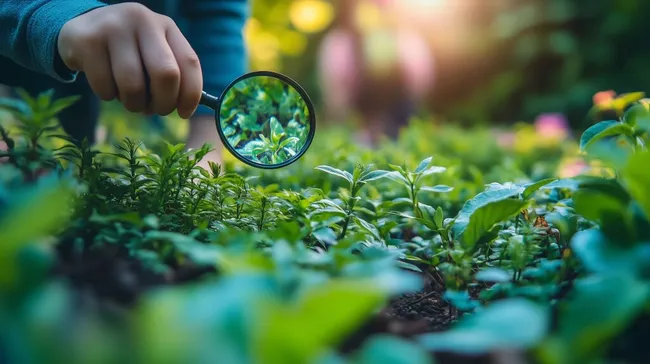 Junger Forscher entdeckt Pflanzen im Garten mit Lupe
