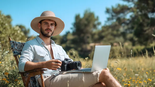 Junger Foto-Blogger arbeitet an Laptop in freier Natur