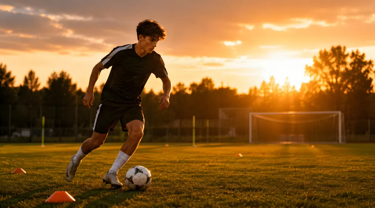 Junger Fußballspieler trainiert bei goldenem Sonnenuntergang
