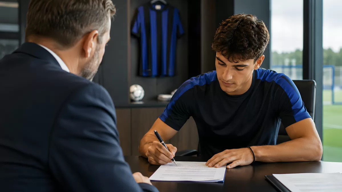 Junger Fußballspieler unterschreibt Vertrag im Büro