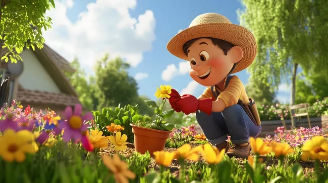 Junger Gärtner pflanzt gelbe Blume in blühendem Garten