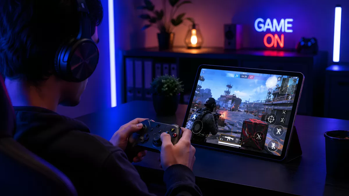 Junger Gamer spielt Shooter auf Tablet mit Controller