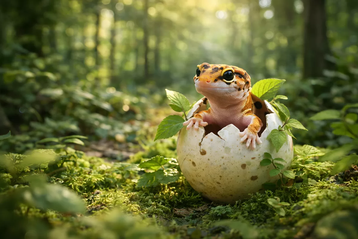 Junger Gecko schlüpft aus dem Ei im Wald