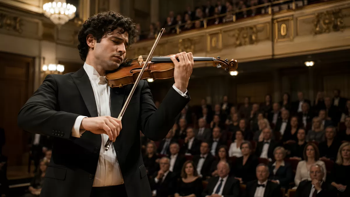 Junger Geiger beim klassischen Konzert im Opernhaus