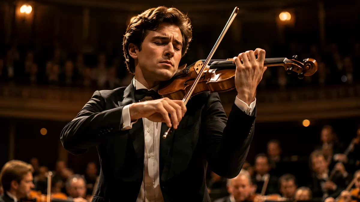 Junger Geiger spielt Violine bei Orchesterkonzert