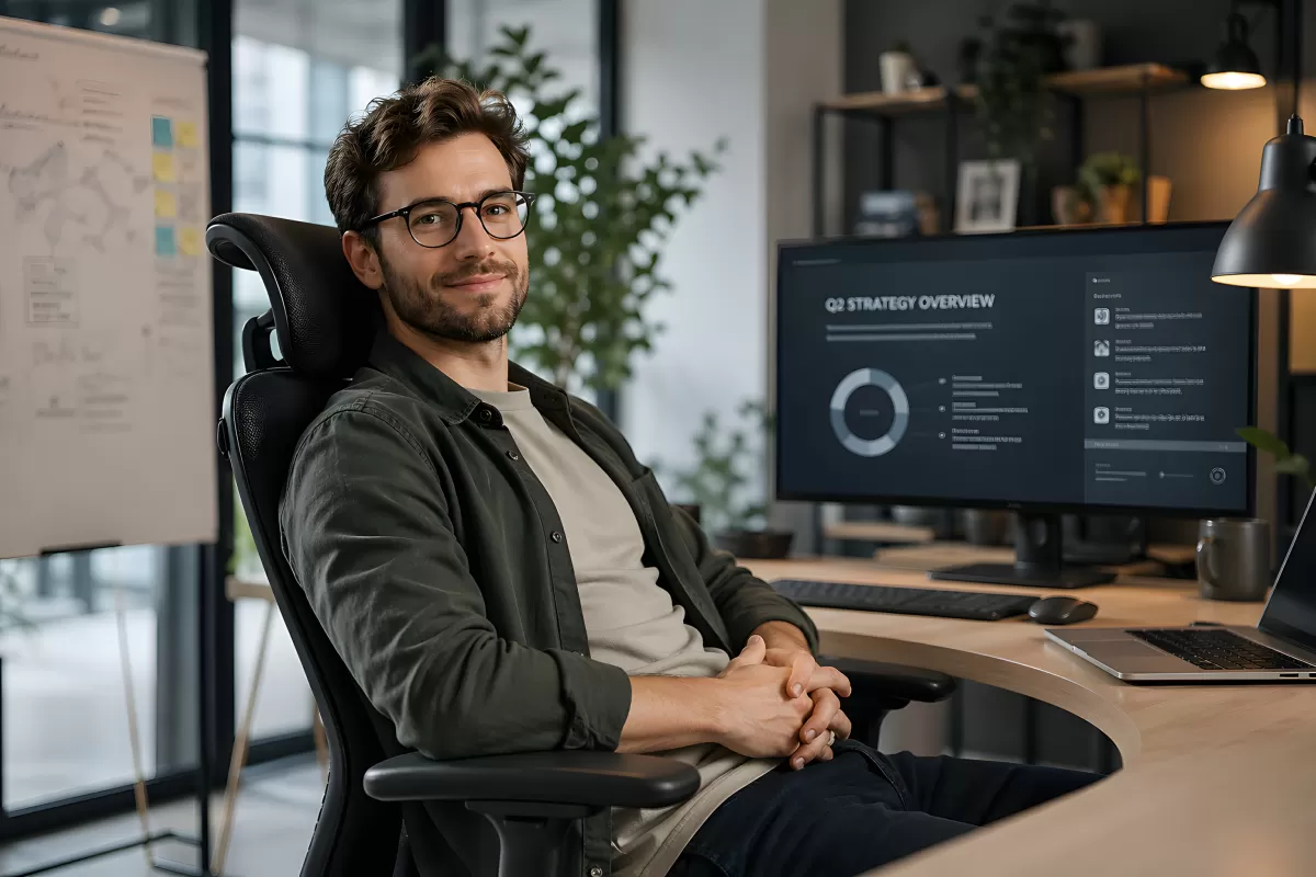 Junger Geschäftsmann am Schreibtisch mit Strategie-Präsentation