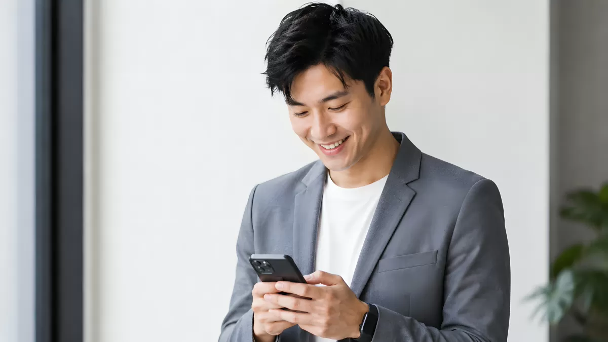 Junger Geschäftsmann lächelt beim Blick aufs Smartphone