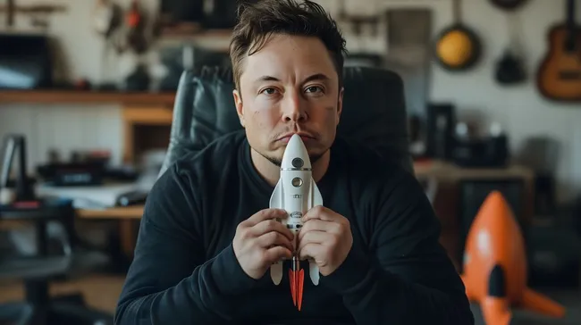 Junger Geschäftsmann mit ernster Miene und Raketenmodell